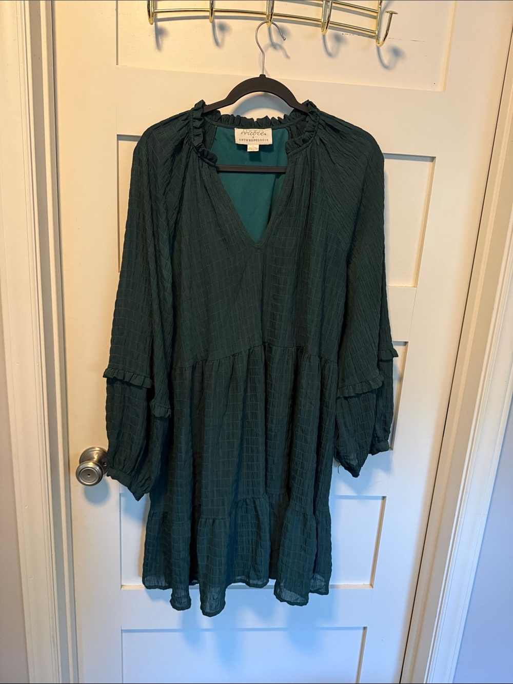 Anthropolgie Mare Mare Forest Green Textured V-Neck Peasant Dress
